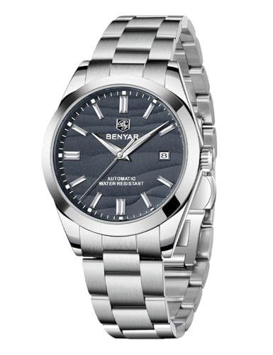 BENYAR Mechanische Herrenuhr Automatisches Uhrwerk 50M Wasserdicht Leuchtendes Datumsdisplay Einfach ablesbar Casual Business Edelstahl Herrenuhr（Schwarz） von BY BENYAR