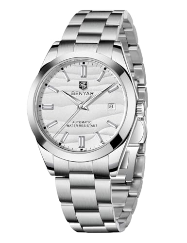 BENYAR Mechanische Herrenuhr Automatisches Uhrwerk 50M Wasserdicht Leuchtendes Datumsdisplay Einfach ablesbar Casual Business Edelstahl Herrenuhr（Weiß） von BY BENYAR