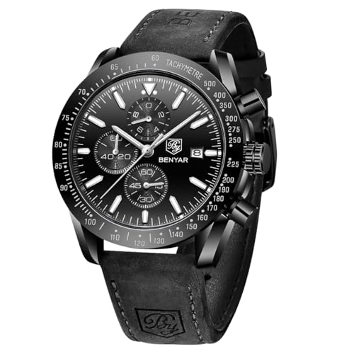 BY BENYAR Armbanduhr Herren Analog Quarz Chronograph Wasserdicht Leuchtende Designer Uhren Herren mit Lederband Lässig Business-Kleid Herrenuhren Elegante Geschenke für Männer von BY BENYAR