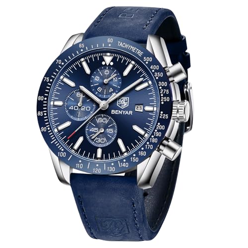 BY BENYAR Uhren Herren Chronograph Analog Quarz Armbanduhr Herren Wasserdicht Datum Lederarmband Herrenuhr Mode Lässig Uhr Elegantes Geschenk fur Männer von BY BENYAR