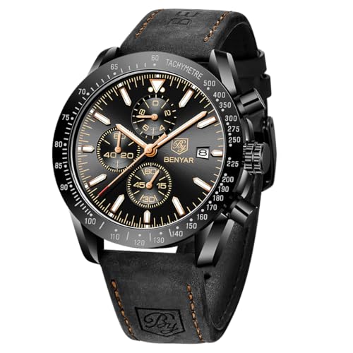 BY BENYAR Uhren Herren Chronograph Analog Quarz Armbanduhr Herren Wasserdicht Datum Lederarmband Herrenuhr Mode Lässig Uhr Elegantes Geschenk fur Männer von BY BENYAR