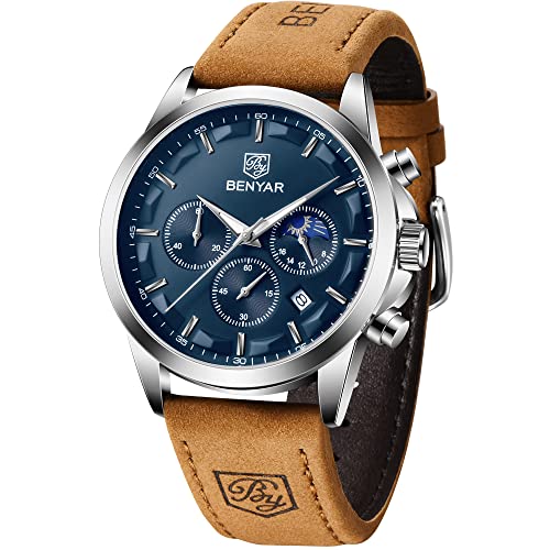 BY BENYAR Uhren Herren Armbanduhr Herren Chronograph Analog Quarz Wasserdicht Braunes Lederarmband Herrenuhr Leuchtende Datum Mode Lässig Business-Kleid Uhren Elegantes Geschenk fur Männer von BY BENYAR