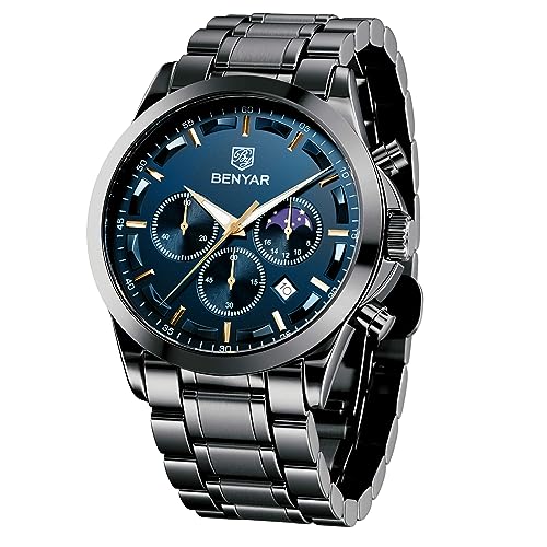 BY BENYAR Uhren Herren Edelstahl Armbanduhr Herren Chronograph Analog Quarz Wasserdicht Herrenuhr Leuchtende Datum Mode Lässig Business-Kleid Uhren Elegantes Geschenk fur Männer von BY BENYAR