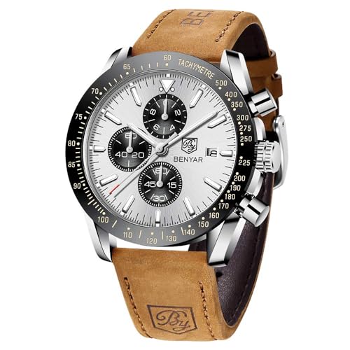 by BENYAR Uhren Herren Chronograph Analog Quarz Braun Lederarmband Armbanduhr Herren Wasserdicht Leuchtende Datum Herrenuhr Mode Lässig Sport Business-Kleid Uhren fur Männer Elegantes Geschenk von BY BENYAR