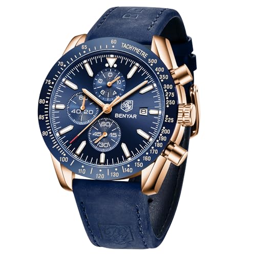 BY BENYAR Armbanduhr Herren Analog Quarz Chronograph Wasserdicht Leuchtende Designer Uhren Herren mit Lederband Lässig Business-Kleid Herrenuhren Elegante Geschenke für Männer von BY BENYAR