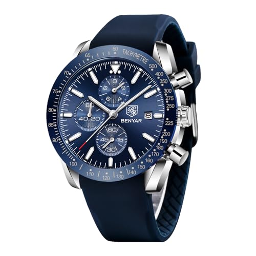 BY BENYAR Herren Analoger Chronograph Quarzuhr 30M Wasserdicht Leuchtende Datumsanzeige Freizeituhr Sport Lederuhr.(Gummi Silber Blau) von BY BENYAR