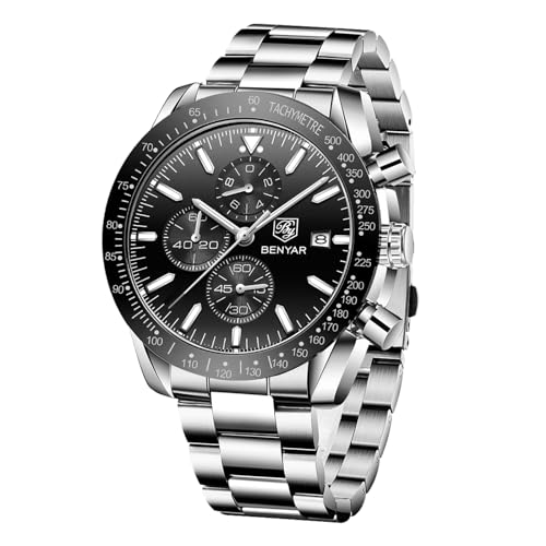 BY BENYAR Herren Analoger Chronograph Quarzuhr 30M Wasserdicht Leuchtende Datumsanzeige Freizeituhr Sport Lederuhr.(Schwarz) von BY BENYAR