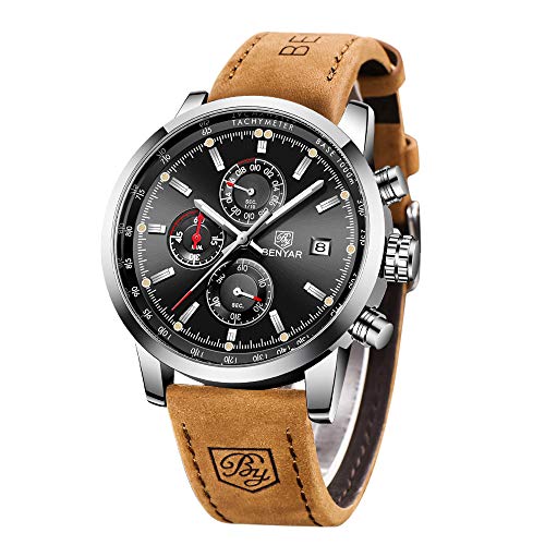 Uhren Herren BENYAR Chronograph Quartz armbanduhren für Herren Uhr Schwarz Zifferblatt Business Military Sport Armbanduhr mit Leder Armband 30m Wasserdicht Elegantes Geschenk für männer von BY BENYAR