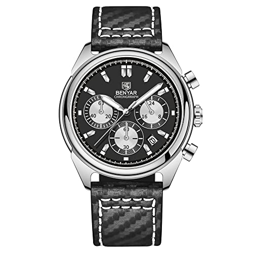 BY BENYAR Herren-Armbanduhr, wasserdicht, Chronograph, Leuchtend, klassisch, Lederarmband, großes Zifferblatt, Datum, Analog, Herren, Elegantes Geschenk, Silberfarben/Schwarz, Leather, Riemen von BY BENYAR