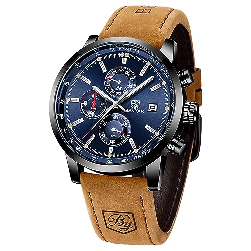 Uhren Herren BENYAR Chronograph Quartz armbanduhren für Herren Uhr Schwarz Zifferblatt Military Sport Armbanduhr mit Leder Armband 30m Wasserdicht Elegantes Geschenk für männer von BY BENYAR