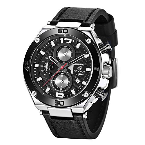 Benyar Herren Uhr Chronographen Analog Quarz wasserdichte Business Sport Design Lederarmband Armbanduhren für Herren Geschenk für Männer von BY BENYAR