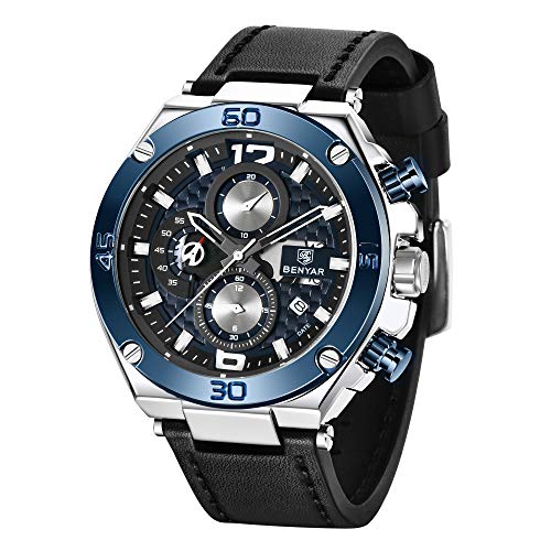 Benyar Herren Uhr Chronographen Analog Quarz wasserdichte Business Sport Design Lederarmband Armbanduhren für Herren Geschenk für Männer von BY BENYAR