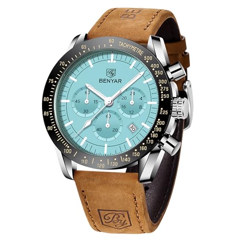 BENYAR Uhren Herren Analog Quarz Chronograph Herrenuhren 30M Wasserdicht Leuchtende Datum Braun Lederband Armbanduhr Lässig Business-Kleid Uhren Elegantes Geschenk fur Männer von BY BENYAR