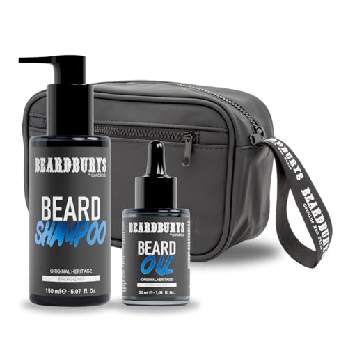 Beardburys Professionelles Bartpflegeset für Herren, Bartshampoo + Bartöl + Kulturbeutel, klassischer Duft, vegan, originelle Geschenke für Herren von BY CAROBELS BEARDBURYS