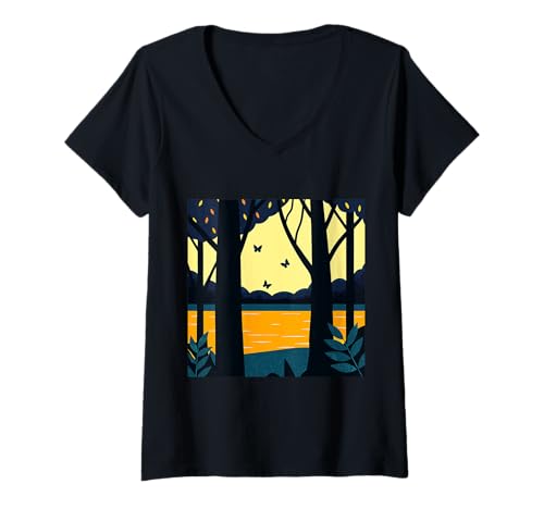Damen Schmetterlinge und Baum abstraktes Design in Dunkelblau und Gelb T-Shirt mit V-Ausschnitt von BY CRADOX CREATIVE