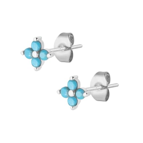 925 Sterling Silver Cubic Zirconia Flower Dainty Stud Earring (Turquoise, Weißgold) von BY SARAH