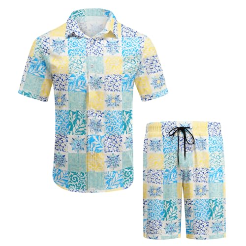 BYBNOLL Herren Hawaii Hemd Kurzarm Floral 2 Teiler Shirt und Shorts Sommer Strand Set Urlaub Festival Outfit-Blau L BYBNOLL Herren Hawaii Hemd Kurzarm Floral 2 Teiler Shirt und Shorts Sommer Strand Set Urlaub Festival Outfit-Blau L von BYBNOLL