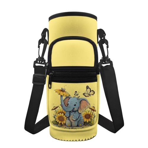 BYCHECAR Elephant Wasserflaschenhalter mit Riementaschen für Spaziergänge, Wandern, Sonnenblumen-isolierter Flaschenhalter, für Damen und Mädchen, Wasserflaschenhülle aus Edelstahl von BYCHECAR