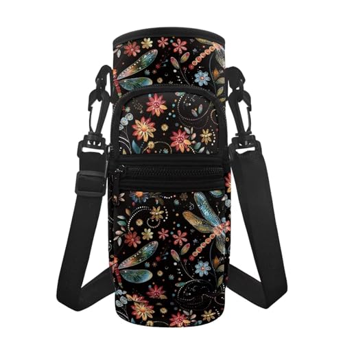 BYCHECAR Libellen-Blumen-Wasserflaschen-Tragetasche mit Riementasche für Damen und Mädchen, isolierte Wasserflaschenhalter, Tragetasche, für Spaziergänge, Wandern, 473 ml, 680 ml, 907 ml von BYCHECAR