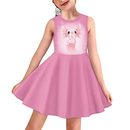 BYCHECAR Mädchen A-Linie Midikleider für Kinder Casual Flared Midi Swing Kleid Sommer Schule Party Kleider, Axolotl Cute Pink, 11-12 Jahre von BYCHECAR