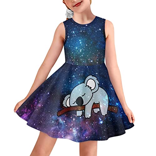 BYCHECAR Mädchen A-Linie Midikleider für Kinder Casual Flared Midi Swing Kleid Sommer Schule Party Kleider, Galaxy Koala, 7-8 Jahre von BYCHECAR