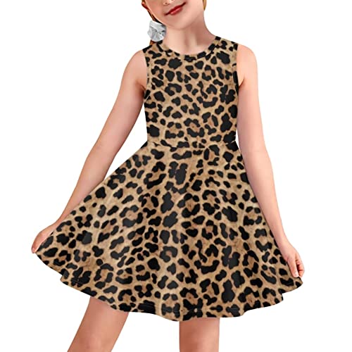 BYCHECAR Mädchen A-Linie Midikleider für Kinder Casual Flared Midi Swing Kleid Sommer Schule Party Kleider, braun (leopardenmuster), 9-10 Jahre von BYCHECAR