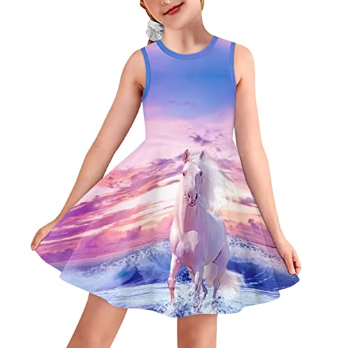 BYCHECAR Mädchen A-Linie Midikleider für Kinder Casual Flared Midi Swing Kleid Sommer Schule Party Kleider, pferd, 13-14 Jahre von BYCHECAR