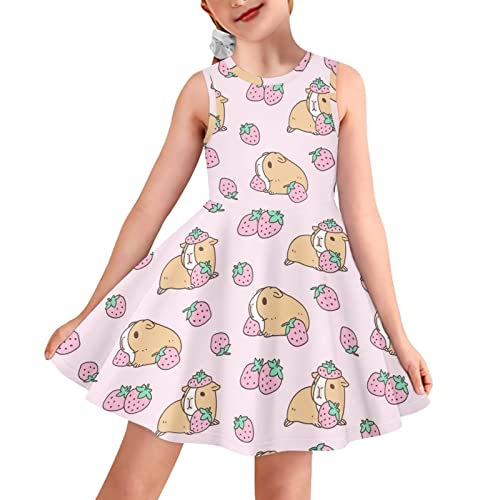 BYCHECAR Mädchen Kleider Casual A-Linie Midi Kleider für Kinder Ärmelloses Sommerkleid, Meerschweinchen Erdbeere, 5-6 Jahre von BYCHECAR