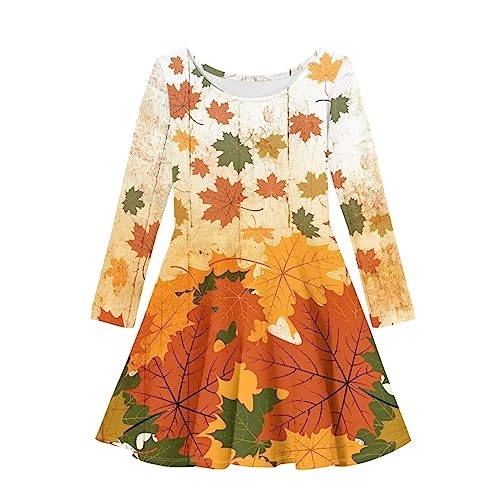 BYCHECAR Mädchenkleid, lässig, A-Linie, Midi-Kleid, langärmelig, Herbstkleid, Ahornblatt Herbst, 7-8 Jahre von BYCHECAR