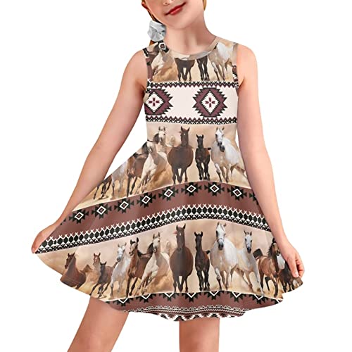 BYCHECAR Niedliche Sommerkleider Mädchen A Linie ausgestelltes Partykleid Freizeit Flowy Kleider, Pferd Aztec Western, 9-10 Jahre von BYCHECAR