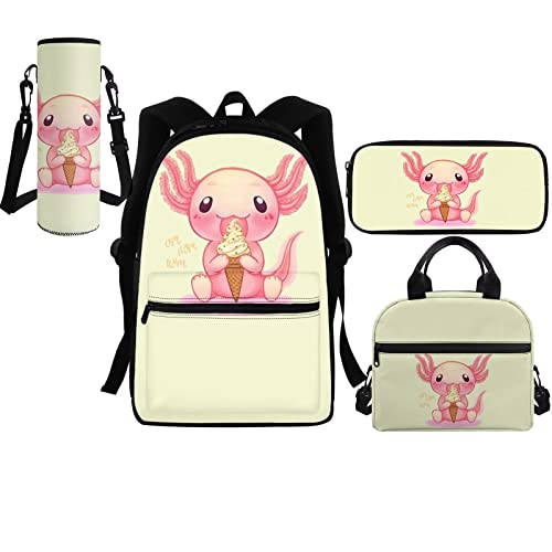 BYCHECAR Schul-Bgas-Set für Teenager, Mädchen, Rucksack mit isolierter Lunchbox, Federmäppchen und Wasserflaschenträger, Axolotl Cute, Einheitsgröße, Rucksack Backpacks von BYCHECAR