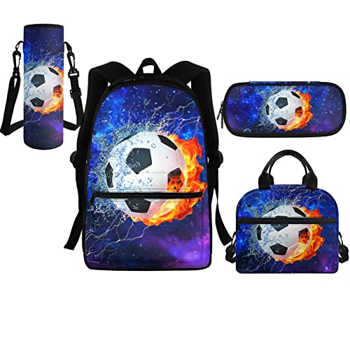 BYCHECAR Schul-Bgas-Set für Teenager, Mädchen, Rucksack mit isolierter Lunchbox, Federmäppchen und Wasserflaschenträger, Fußball, Einheitsgröße, Rucksack Backpacks von BYCHECAR