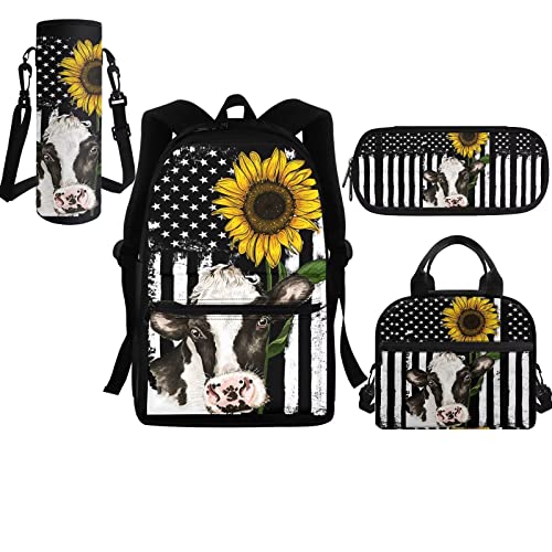 BYCHECAR Schul-Bgas-Set für Teenager, Mädchen, Rucksack mit isolierter Lunchbox, Federmäppchen und Wasserflaschenträger, Kuh Sonnenblume, Einheitsgröße, Rucksack Backpacks von BYCHECAR