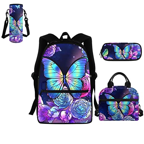 BYCHECAR Schul-Bgas-Set für Teenager, Mädchen, Rucksack mit isolierter Lunchbox, Federmäppchen und Wasserflaschenträger, schmetterlings- / blumendesign, Einheitsgröße, Rucksack Backpacks von BYCHECAR