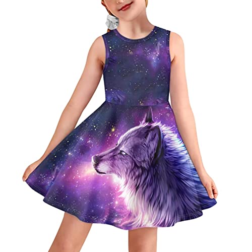 BYCHECAR Süßes Sommerkleid, A-Linie, ausgestellt, Partykleid, lässig, fließendes Kleid, Galaxy Wolf, 7-8 Jahre von BYCHECAR