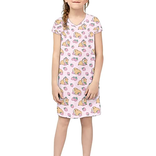 BYCHECAR T Shirts Kleid für Mädchen Kurzarm Sommerkleider Freizeit Midi Kleider, Meerschweinchen Erdbeere, 9-10 Jahre von BYCHECAR
