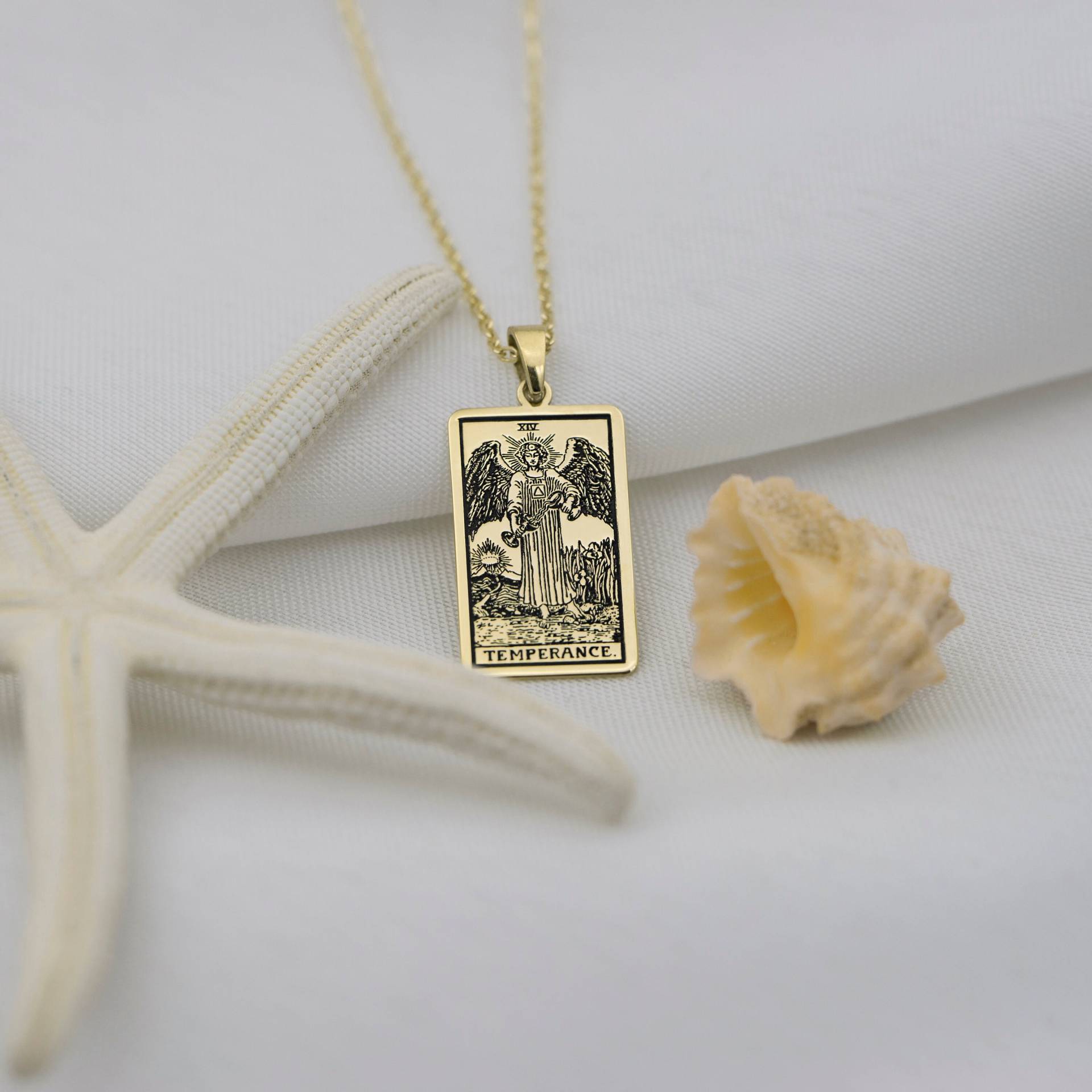 14K Tarot Karten Anhänger Solid Gold Schmuck Die Temperance Karte Halskette - 10K Rechteck Geschenk Für Mama Sie von BYDEMIRULUER