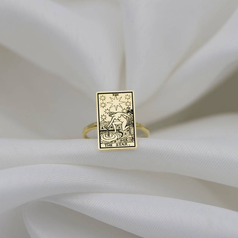 Der Stern 14K Solid Gelb Gold Tarot Ring - Spirituelle Ringe Celestial Schmuck Sternzeichen Beste Freundin Geschenk Schwester Geschenke Mama von BYDEMIRULUER