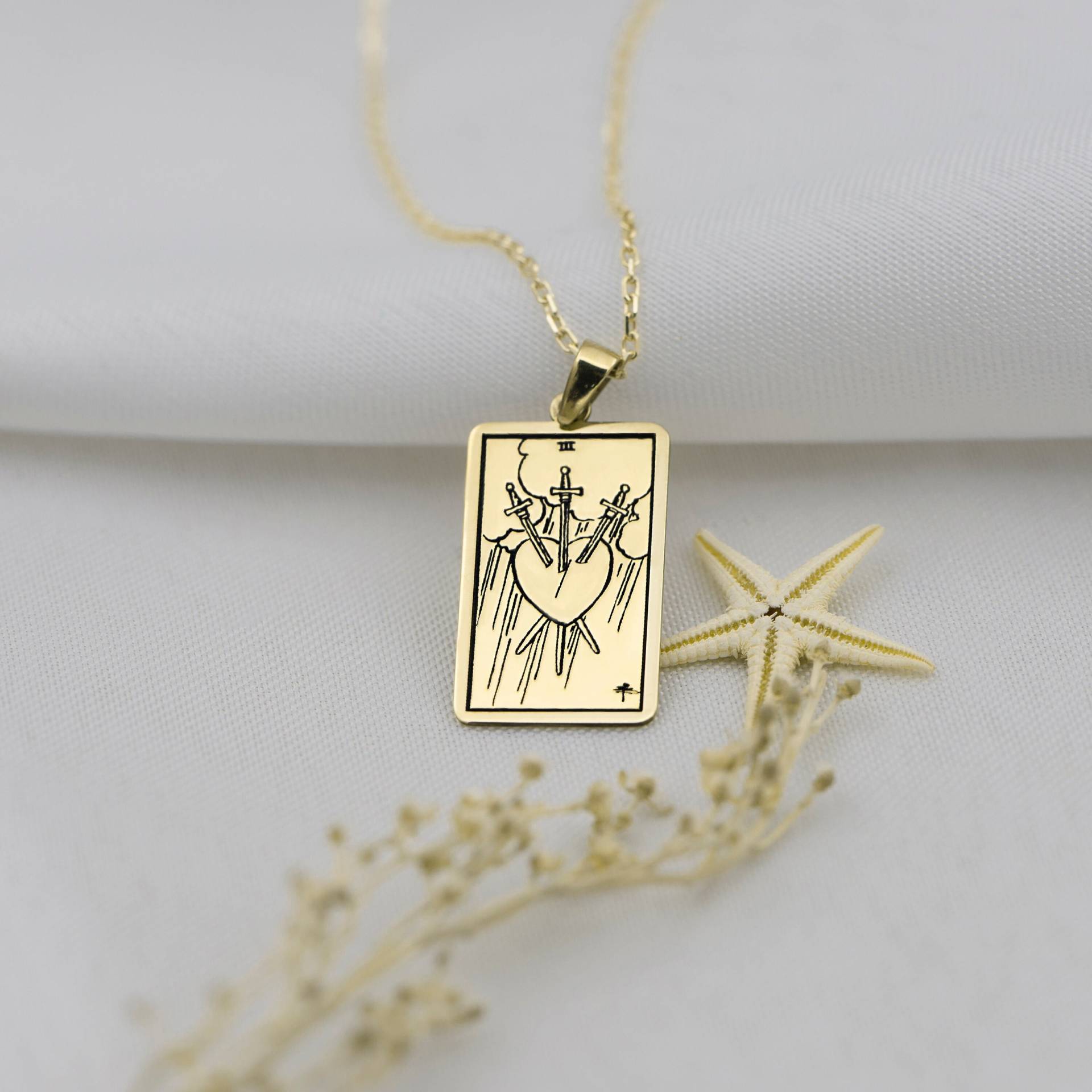 Tarot Halskette 10K Roségold - Drei Der Schwerter 14K Schmuck Okkulter Anhänger Zierlicher Weißgold Geschenk Für Sie Uluer von BYDEMIRULUER