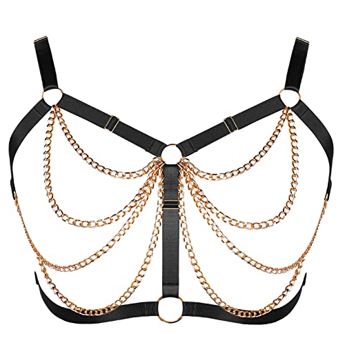 BYDHSS Damen Body Harness BH Plus Size Metall Kette Hohl BH Punk Gothic Mode Tanz Kleidung, Schwarz Gold von BYDHSS