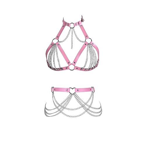 BYDHSS Damen Leder Körper Harness Punk BH Top Einstellbare Strumpfband Gürtel Ganzkörper Harness Set Gothic Mode Weihnachtskleidung (pink) von BYDHSS