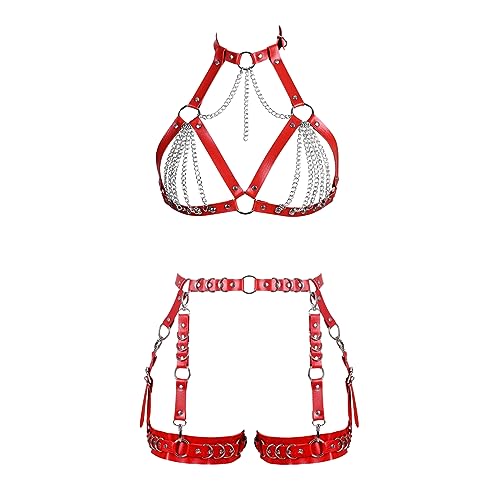 Frauen Körper Harness Leder Voller BH Punk Körper Kette Strumpfband Gürtel Gothic Weihnachtsfeier Zubehör Kleidung (rot) von BYDHSS