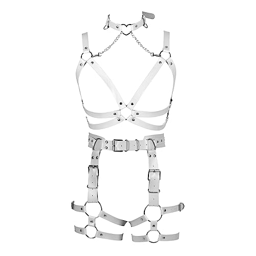 Damen Body Harness Vollleder Gothic BraTop Punk Dessous Strumpfband Gürtel Set Aushöhlen Weihnachten Tanzmode Kleidung, Weiss/opulenter Garten, Einheitsgröße von BYDHSS