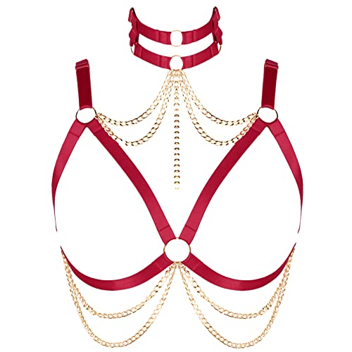 Punk Gothic Körperkette Geschirr Hals und Brust Kette Damen Übergröße Tops Aushöhlen BHs Tanzkleidung, Weinrot, Gold, Übergröße Punk Gothic Körperkette Geschirr Hals und Brust Kette Damen Übergröße Tops Aushöhlen BHs Tanzkleidung, Weinrot, Gold, Übergröße von BYDHSS