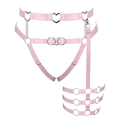 Punk Oberschenkel Taille Strumpfband Gürtel Strappy Leg Hollow Out Harness Caged Body Chain for Womens Plus Size Rave Halloween Kostüm, Pink, Einheitsgröße von BYDHSS