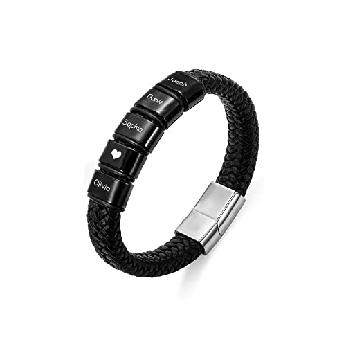 BYFDIY Customized Männer Perlengewebe Lederarmband mit 1-8 personalisierten Namen Perlen Name Buchbrief Charm Edelstahl Perlenarmband mit Familiennamen Geschenk für Vater von BYFDIY