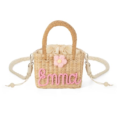 BYFDIY Personalisierte Stroh-Handtasche für Mädchen, 13 x 10 x 8 cm, Blumen-Design mit individuellem Namen, Mini-Umhängetasche, rose, Mini BYFDIY Personalisierte Stroh-Handtasche für Mädchen, 13 x 10 x 8 cm, Blumen-Design mit individuellem Namen, Mini-Umhängetasche, rose, Mini von BYFDIY