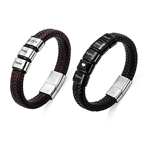 BYFDIY Personalisiertes Männer Perlen Weave Lederarmband mit 1-8 Benutzerdefinierte Namen Perlen Name Brief Charm Edelstahl Armband mit Familiennamen Geschenk für Vater von BYFDIY