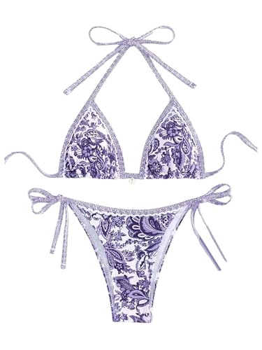BYFINECANY Damen-Badeanzug, Blumenmuster, Neckholder, Paisleymuster, Sommer-Badeanzug, Bikinis-Set, Violett, XS von BYFINECANY