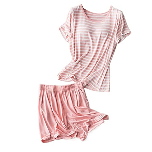 BYLIA Pyjama-Sets für Frauen Modal Sommer BH Tshirt und Shorts Lounge Outfits Pj Set Loungewear mit Taschen (Color : Pink, Size : M) von BYLIA